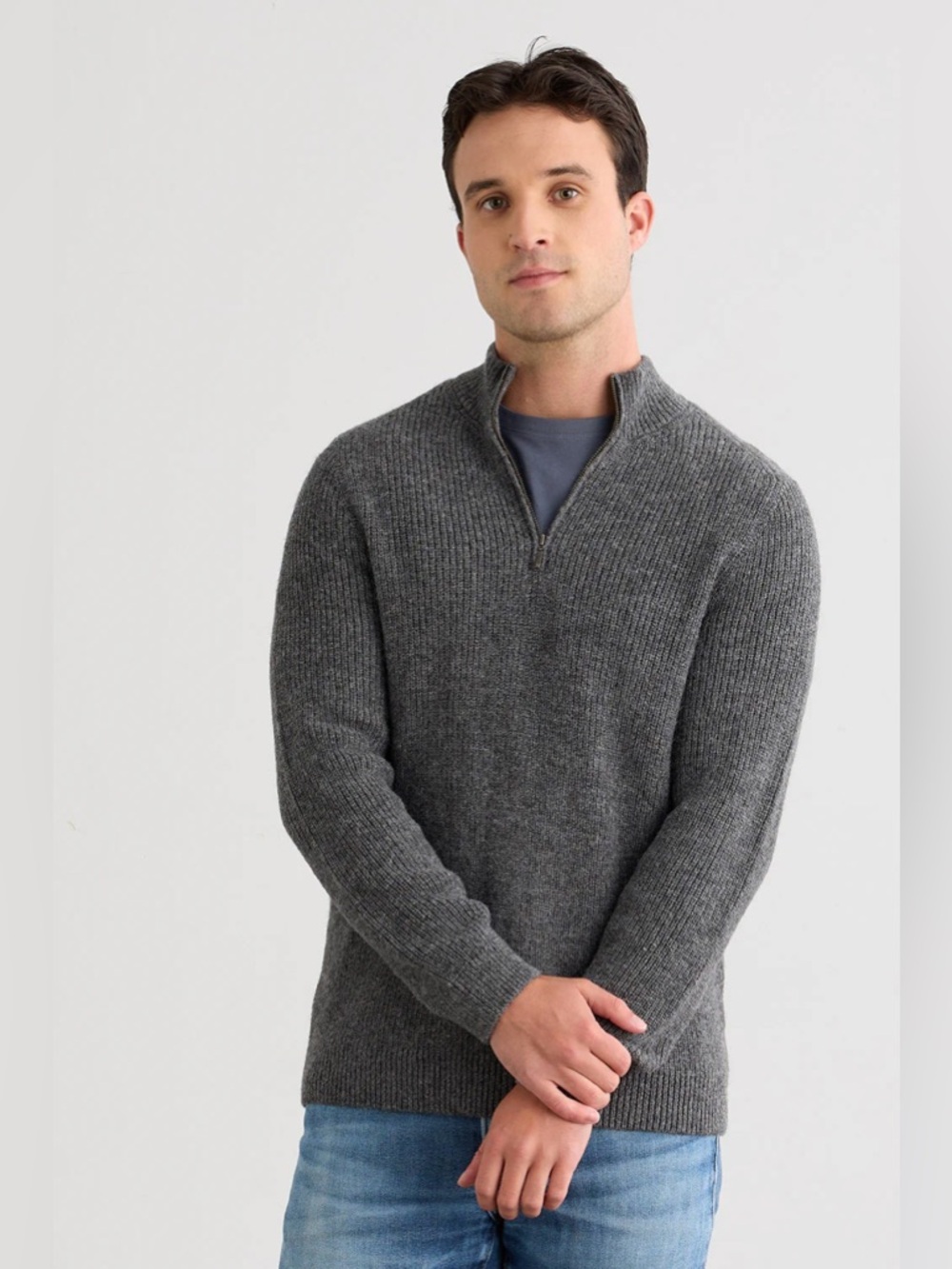 Men's Half-Zip Ribbed Sweater - Gray